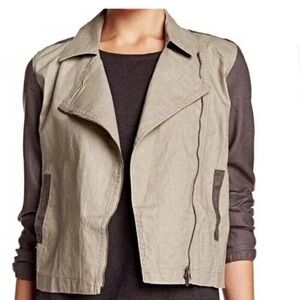 Eileen Fisher Sage Green and Stone Grey Moto Utility Jacket Coated 100% Linen